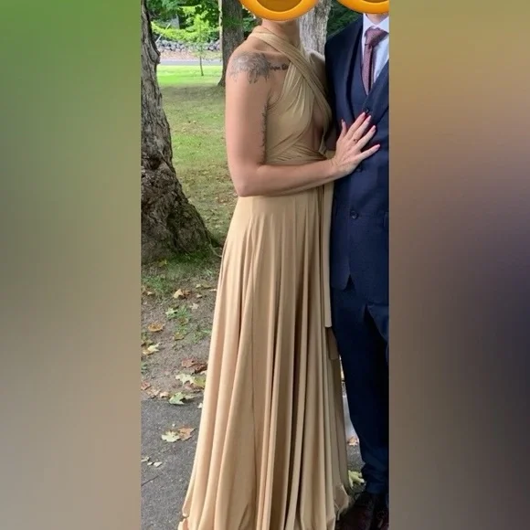 slim fit dress slacks Champagne Gold Satin Mermaid Off The Shoulder with Scarves Long Bridesmaid Dresses, CB0174 US2 / Pic Sage main image 0